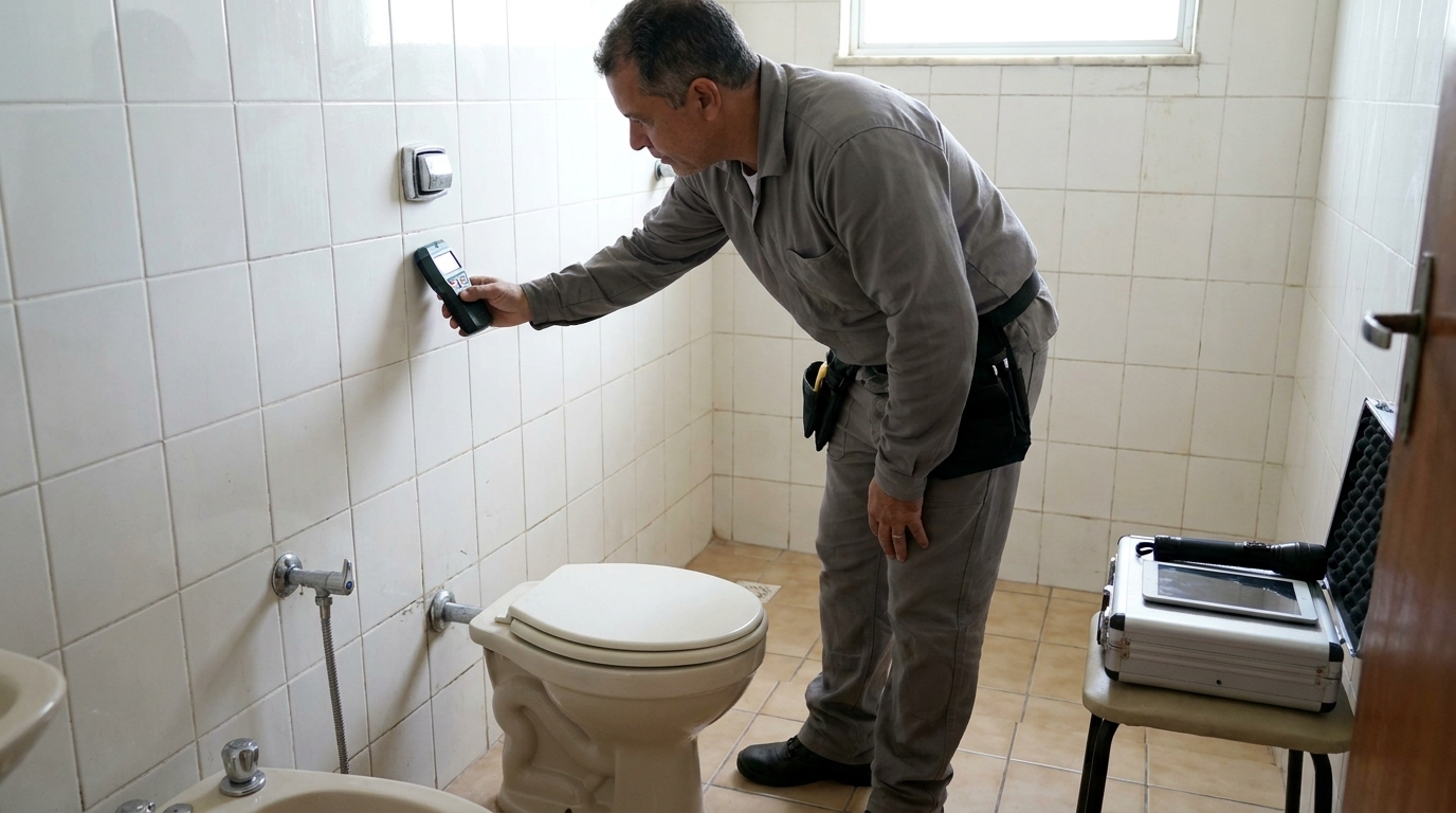 Técnico de caça vazamento analisando tubulação em Barueri‑SP
